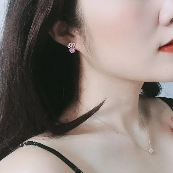 Pink Crystal CZ Crown Shape Stud Earrings for Women, HA4503 - Picture 3 of 3